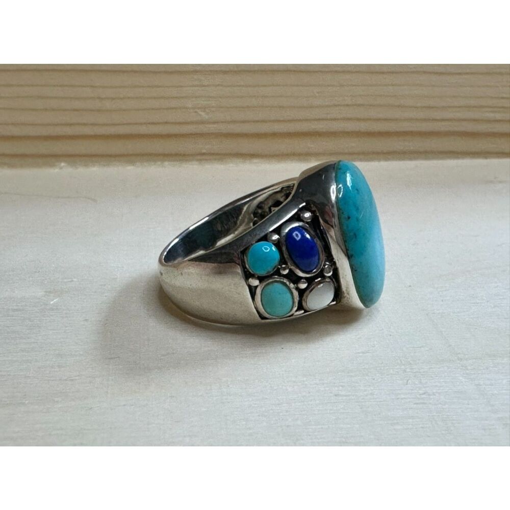 Beautiful Artisan Turquoise Lapis Mother of Pearl Sterling Silver Ring, Size 6 - Picture 9 of 10
